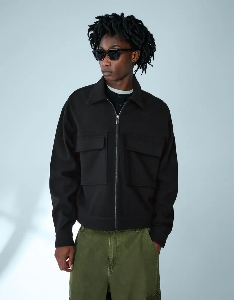 Giacca Camicia Flanella Con Cerniera Boxy Fit Uomo Nero