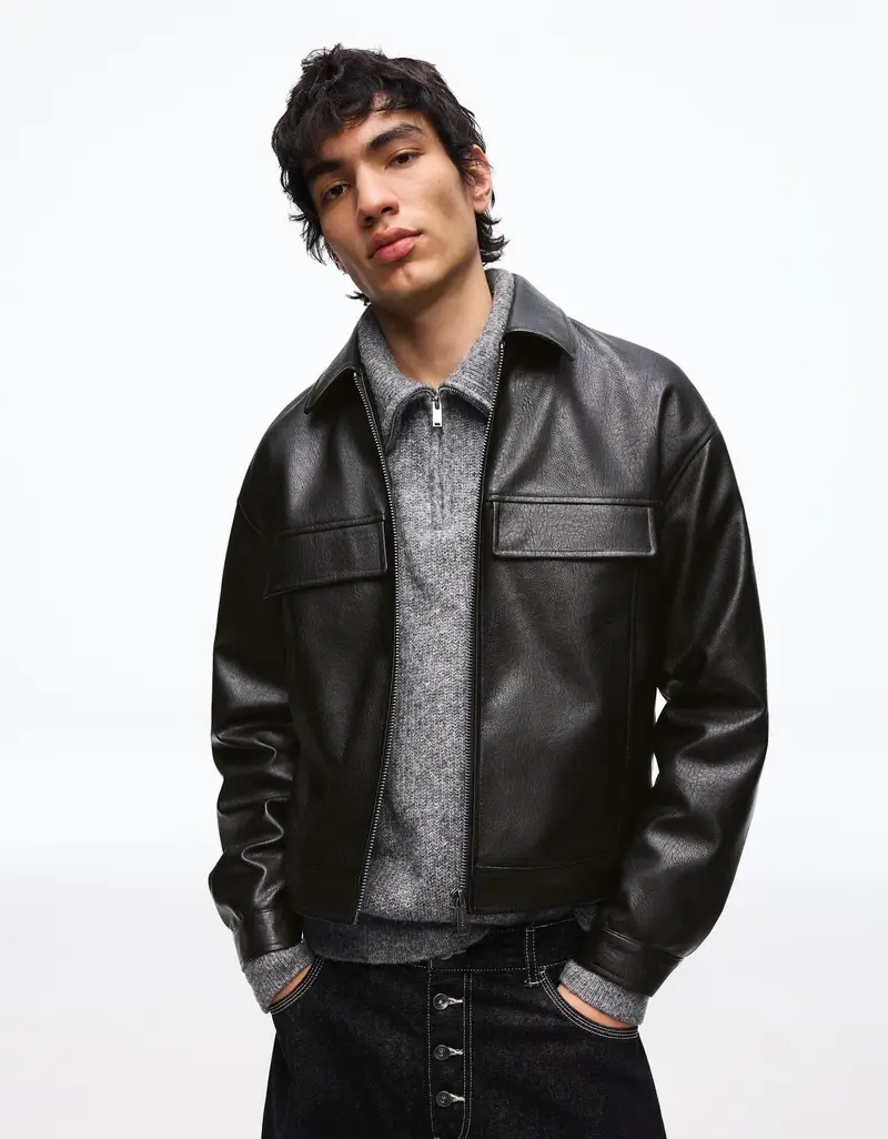 Giubbotto Boxy Fit In Finta Pelle Uomo Nero