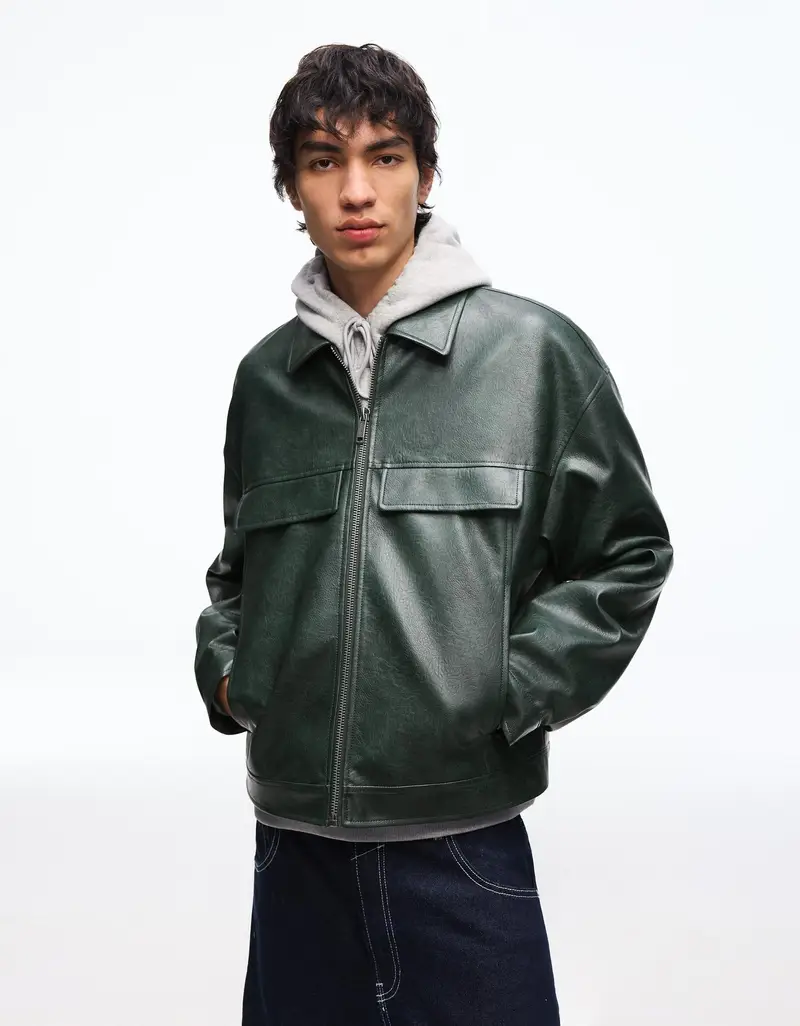 Giubbotto Boxy Fit In Finta Pelle Uomo Verde