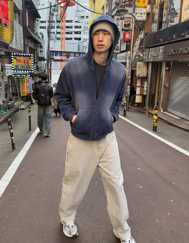 Giubbotto Boxy Fit In Velluto A Coste Con Cappuccio Uomo Blu