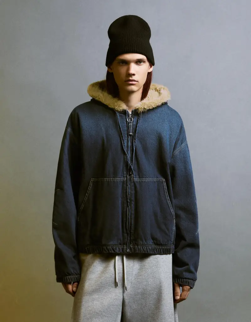 Giubbotto Denim Collo In Pelliccia Sintetica Uomo Marino