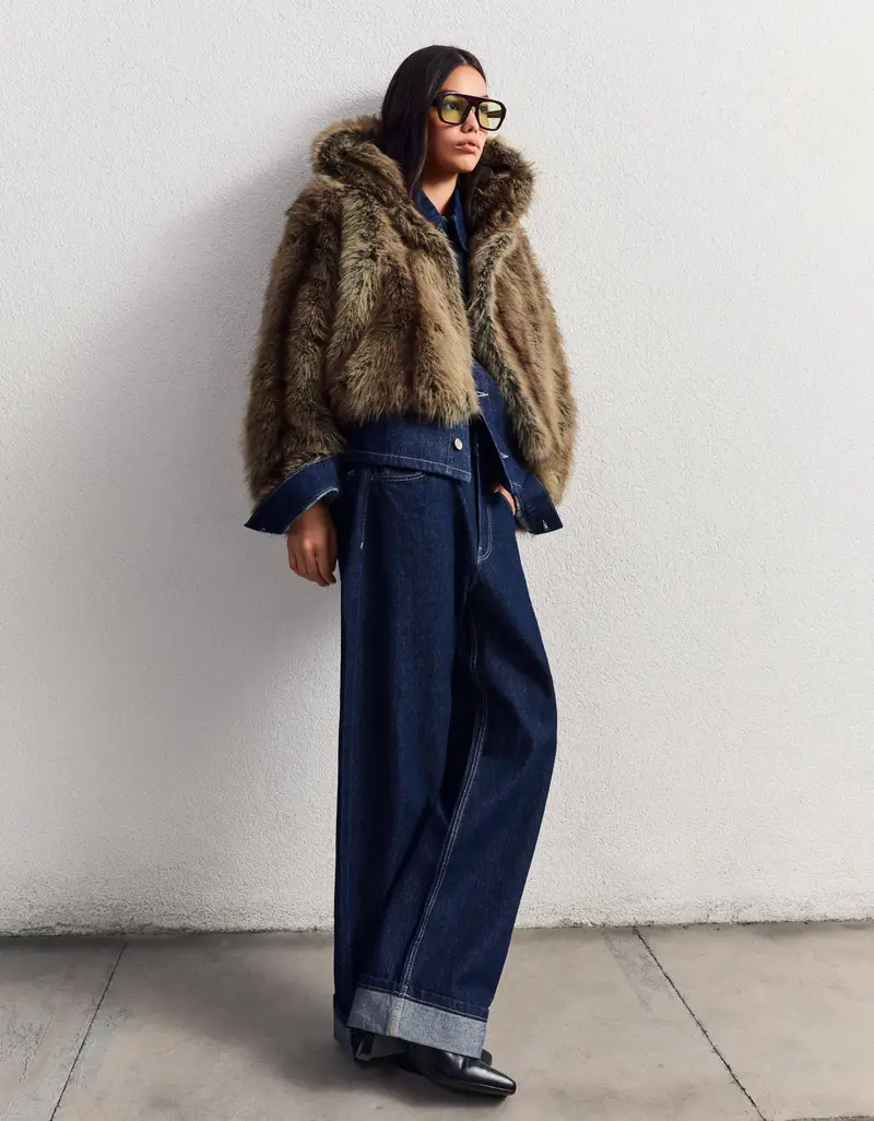 Giubbotto Pelliccia Sintetica Con Cappuccio Donna Marrone