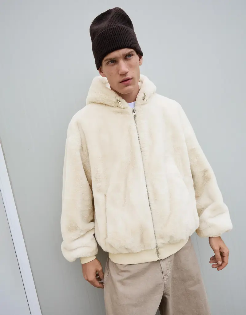 Giubbotto Pelliccia Sintetica Con Cappuccio Uomo Avorio