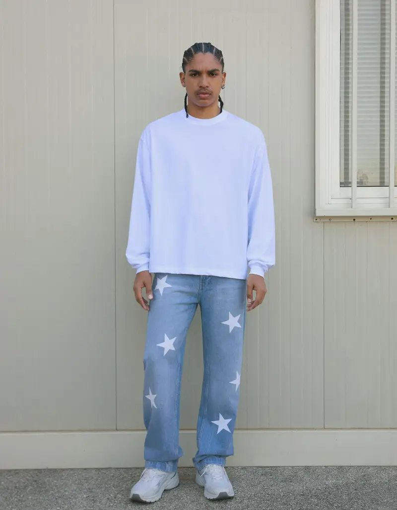 Jeans Straight Fit Stampati Uomo (Eur 38) Azzurro Lavato