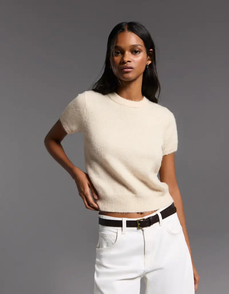 Maglia A Maniche Corte Con Collo Rotondo Donna Avorio