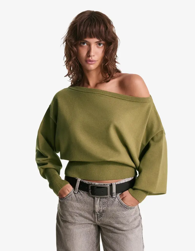 Maglia Asimmetrica Con Orlo A Costine Donna Verde