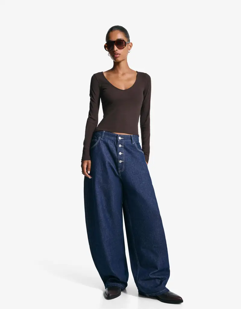 Maglietta A Manica Lunga Collo A V Donna Marrone