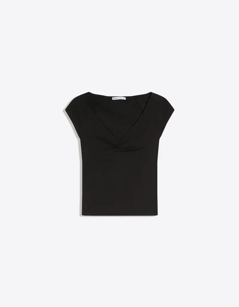 Maglietta A Maniche Corte Arricciata Donna Nero