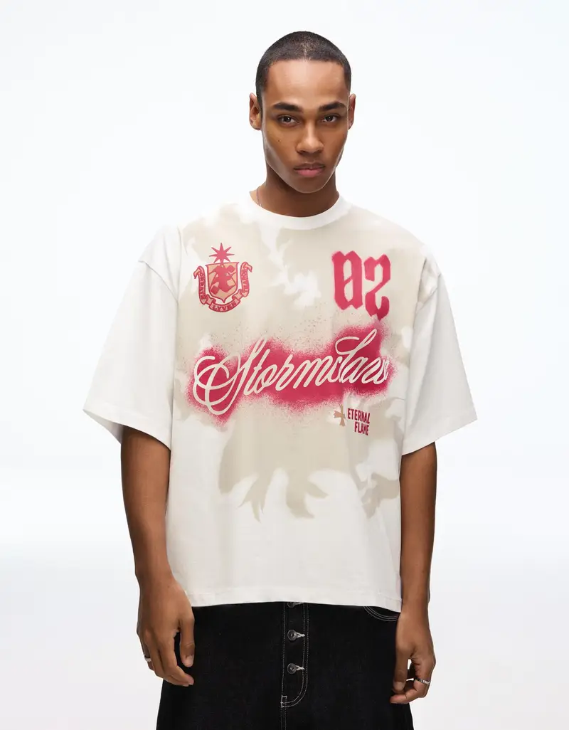 Maglietta A Maniche Corte Boxy Fit Stampata Uomo Bianco Roto