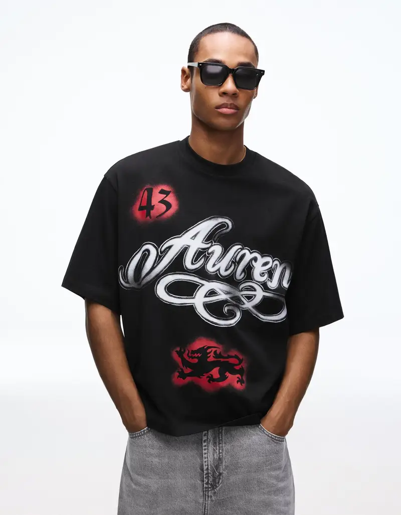 Maglietta A Maniche Corte Boxy Fit Stampata Uomo Nero