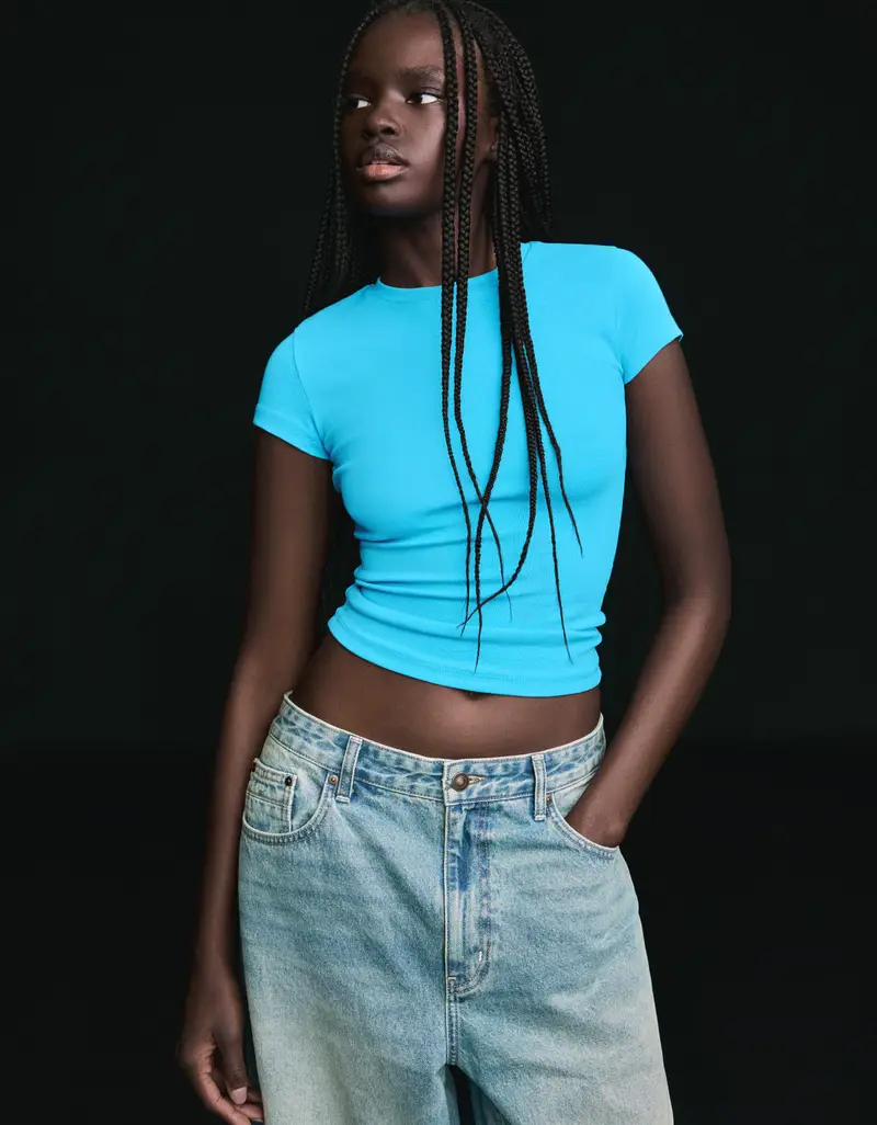 Maglietta A Maniche Corte Con Collo Rotondo Donna Azzurro