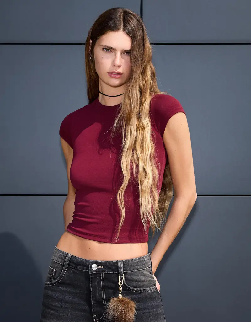 Maglietta A Maniche Corte Con Collo Rotondo Donna Bordeaux