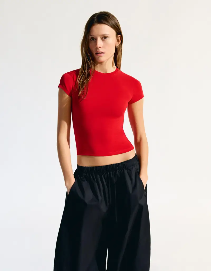 Maglietta A Maniche Corte Con Collo Rotondo Donna Rosso