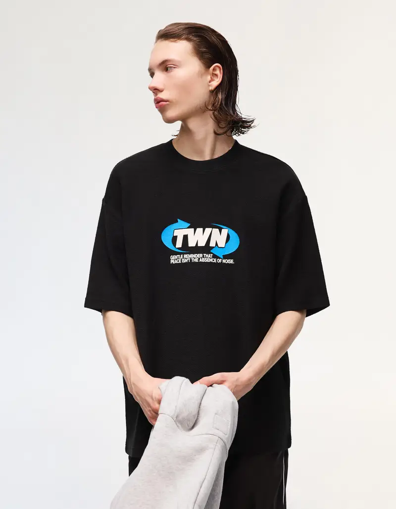 Maglietta A Maniche Corte Stampa Felpata Uomo Nero