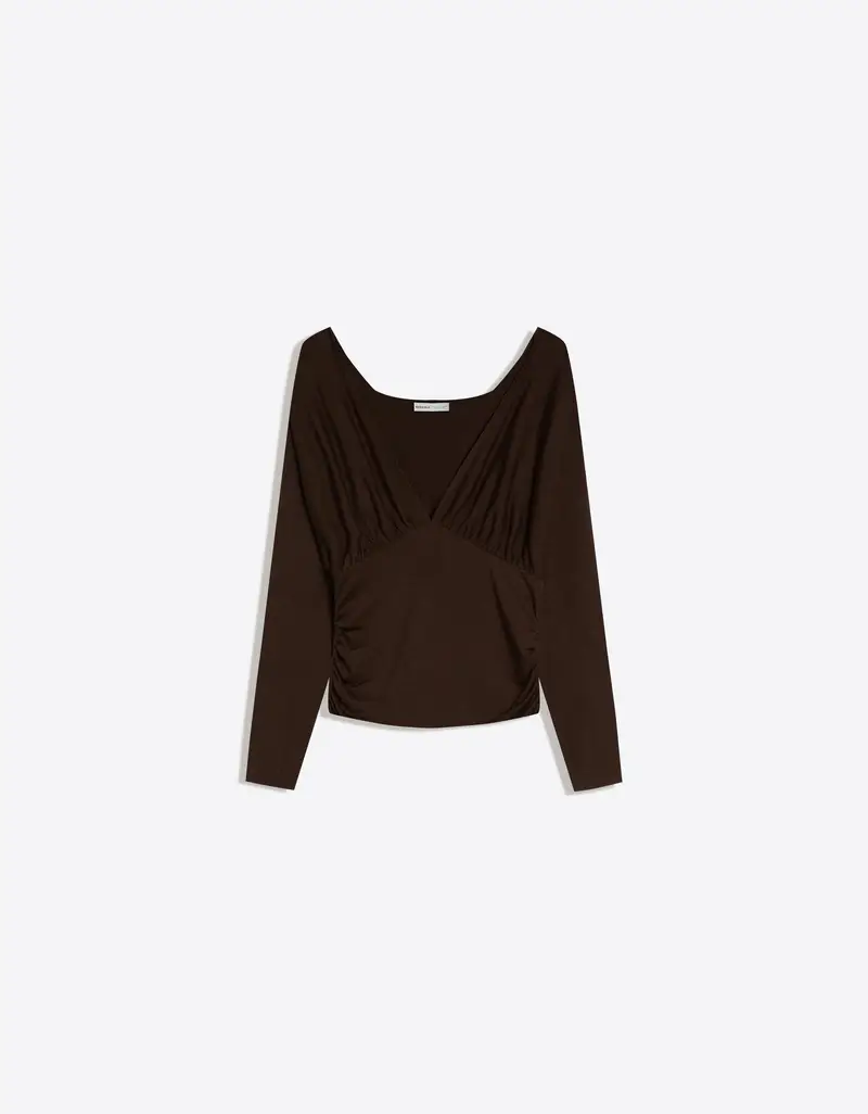 Maglietta A Maniche Lunghe Con Arricciature Donna Marrone