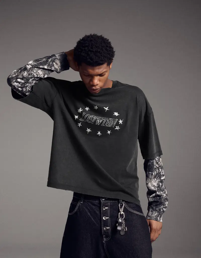 Maglietta A Maniche Lunghe Con Doppia Stampa Uomo Nero