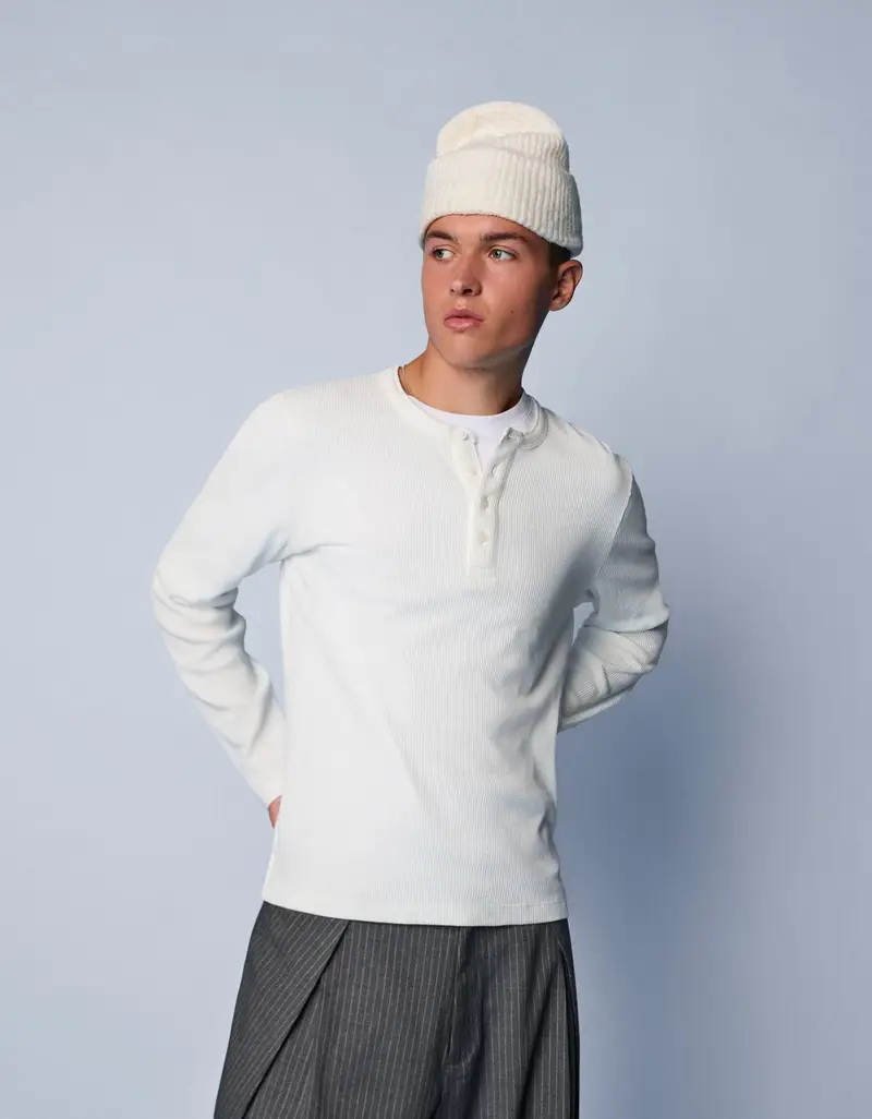 Maglietta A Maniche Lunghe Henley Slim Fit Uomo Bianco Roto