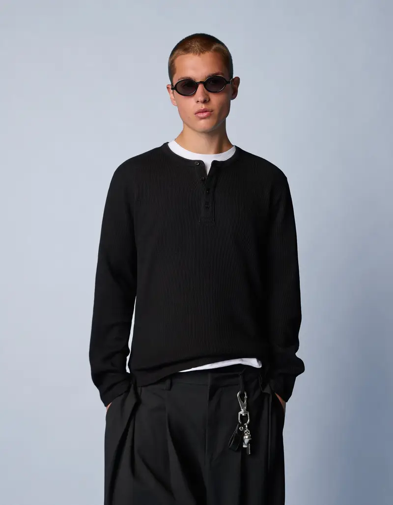 Maglietta A Maniche Lunghe Henley Slim Fit Uomo Nero