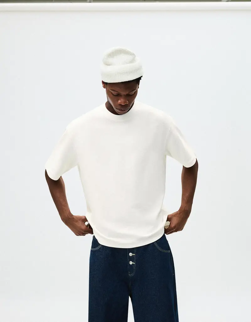 Maglietta Felpata A Maniche Corte Uomo Bianco Roto