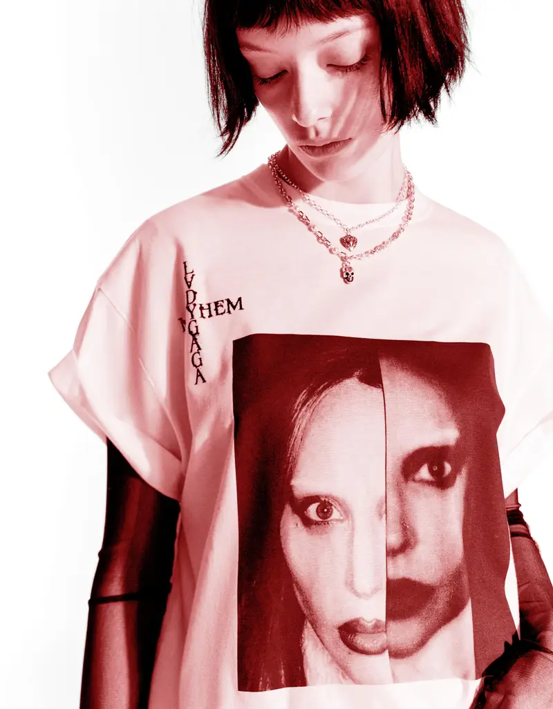 Maglietta Lady Gaga A Maniche Corte Con Stampa Donna Bianco Roto