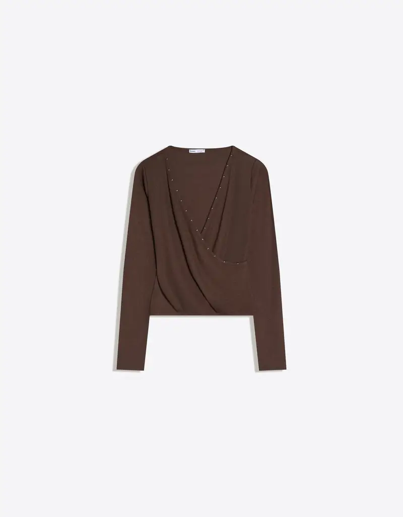 Maglietta Maniche Lunghe Borchie Donna Marrone