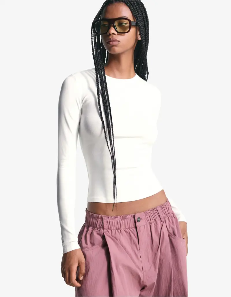 Bershka Maglietta Maniche Lunghe Donna M Bianco Roto