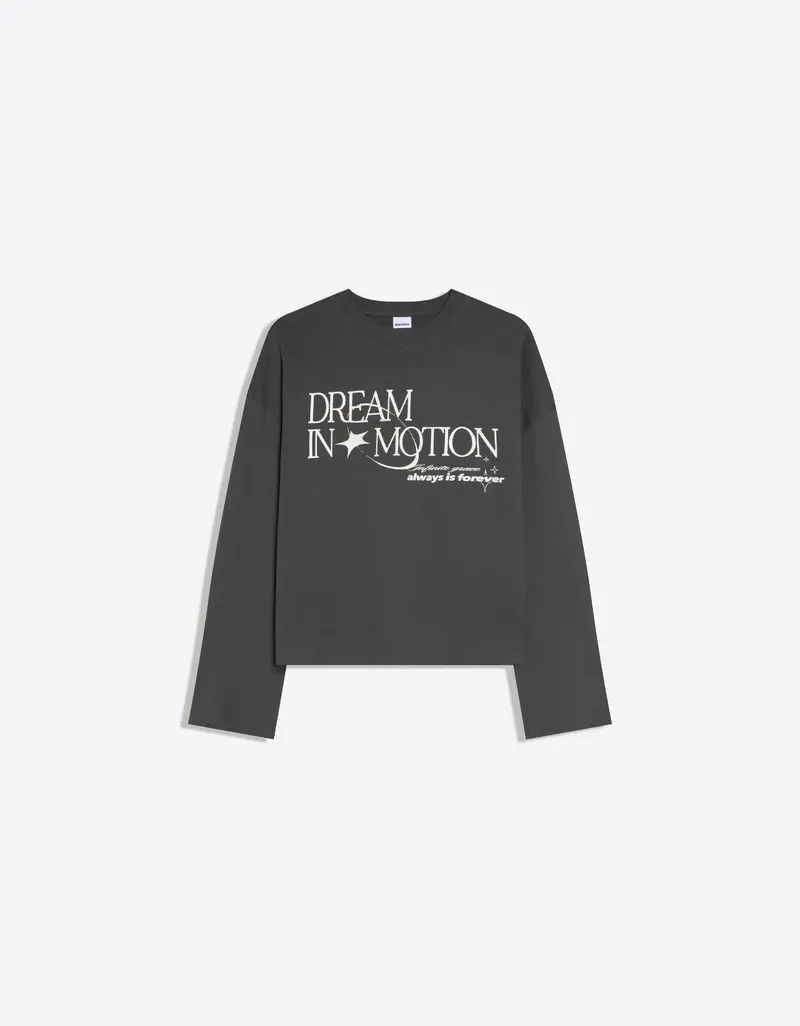 Maglietta Maniche Lunghe Oversize Stampa Donna Grigio Scuro