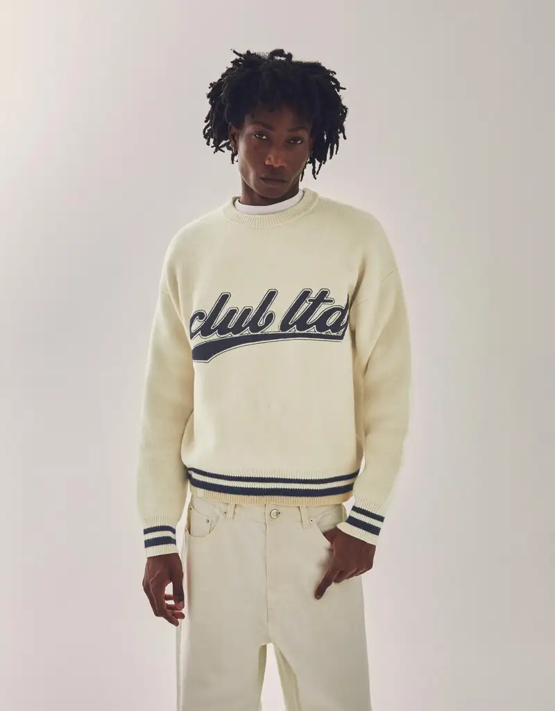 Maglione Effetto Spugna Stampato Uomo Bianco Roto