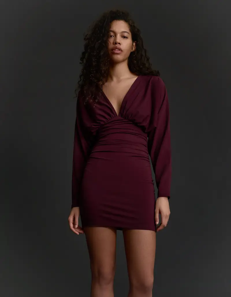 Mini Vestito Arricciato Donna Bordeaux