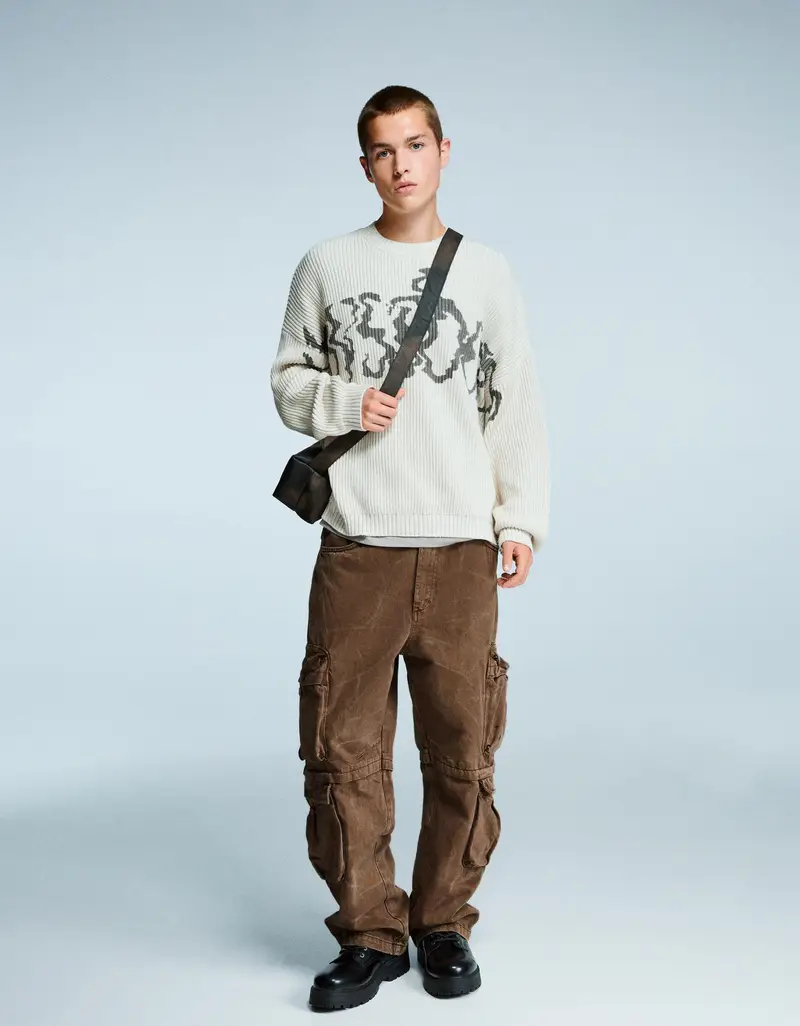 Pantaloni Baggy Multicargo Acid Wash Uomo (Eu 34) Marrone