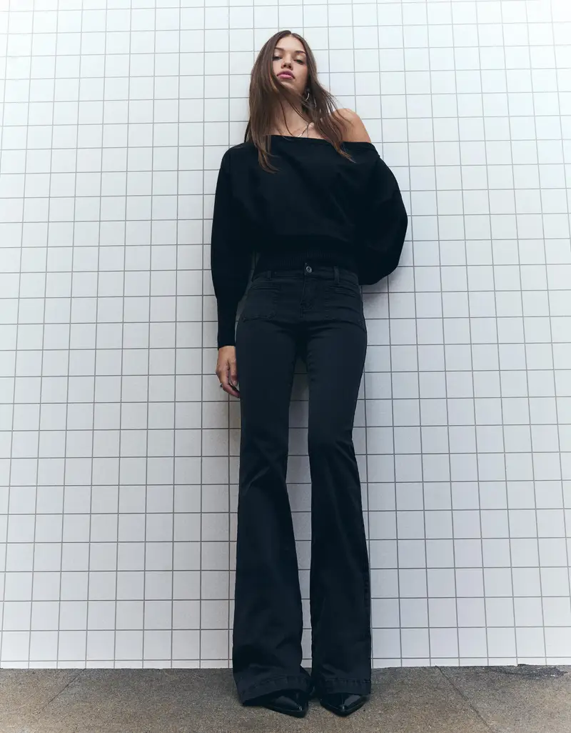 Pantaloni Flare Tasche Con Patta Donna Nero