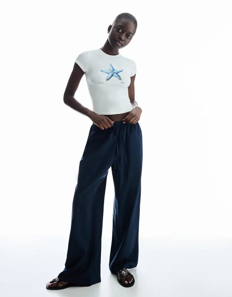 Pantaloni Misto Lino Con Elastico In Vita Donna Marino