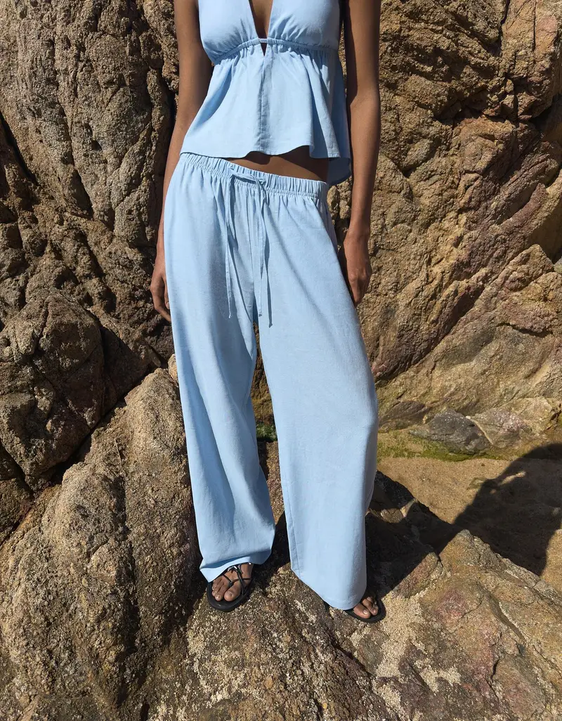 Bershka Pantaloni Misto Lino Con Elastico In Vita Donna Xxs Azzurro Chiaro
