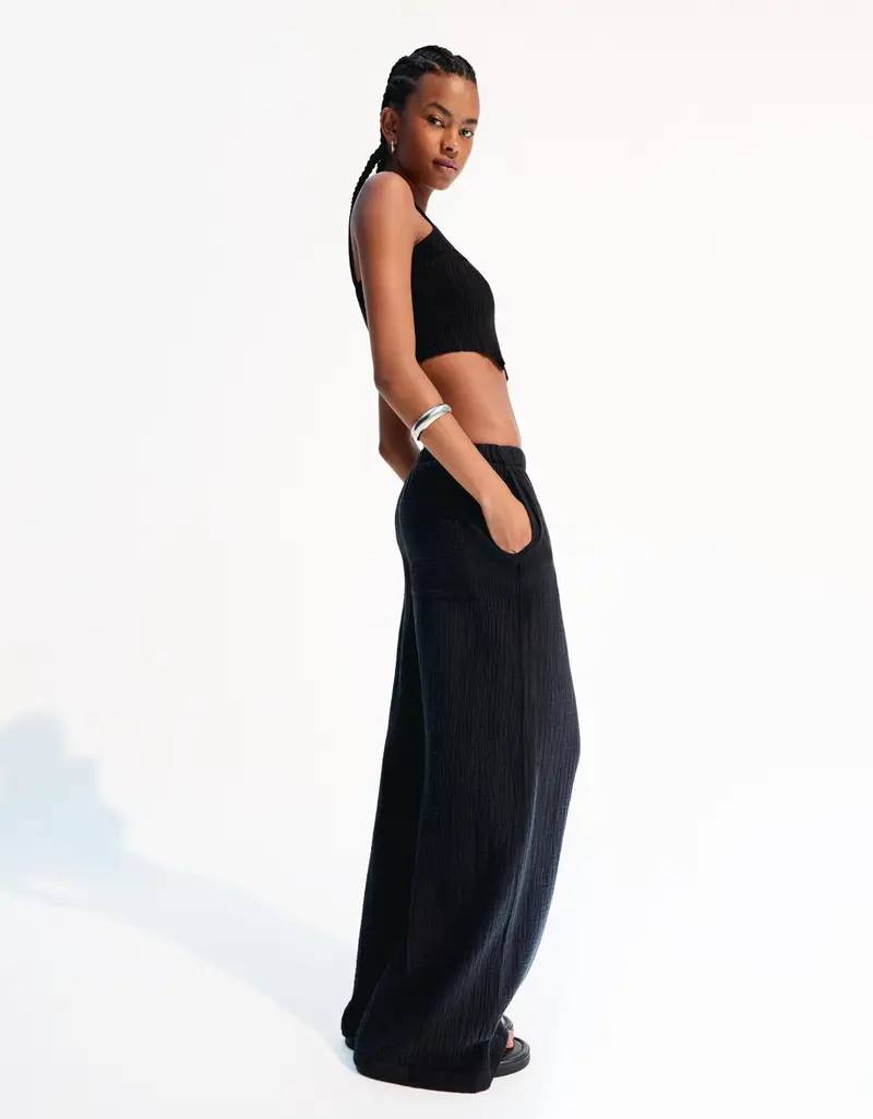 Pantaloni Wide Leg In Tessuto Semplice Double Cloth Donna Nero