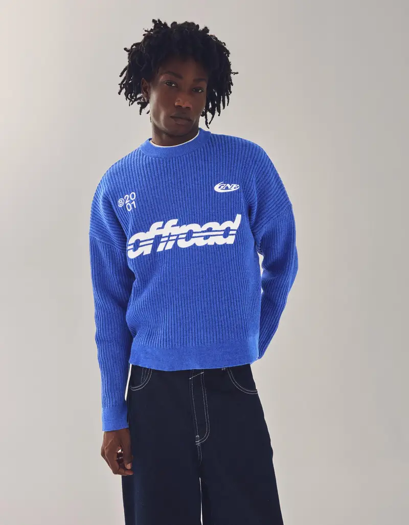 Pullover Collo Rotondo Ciniglia Stampato Uomo Azzurro