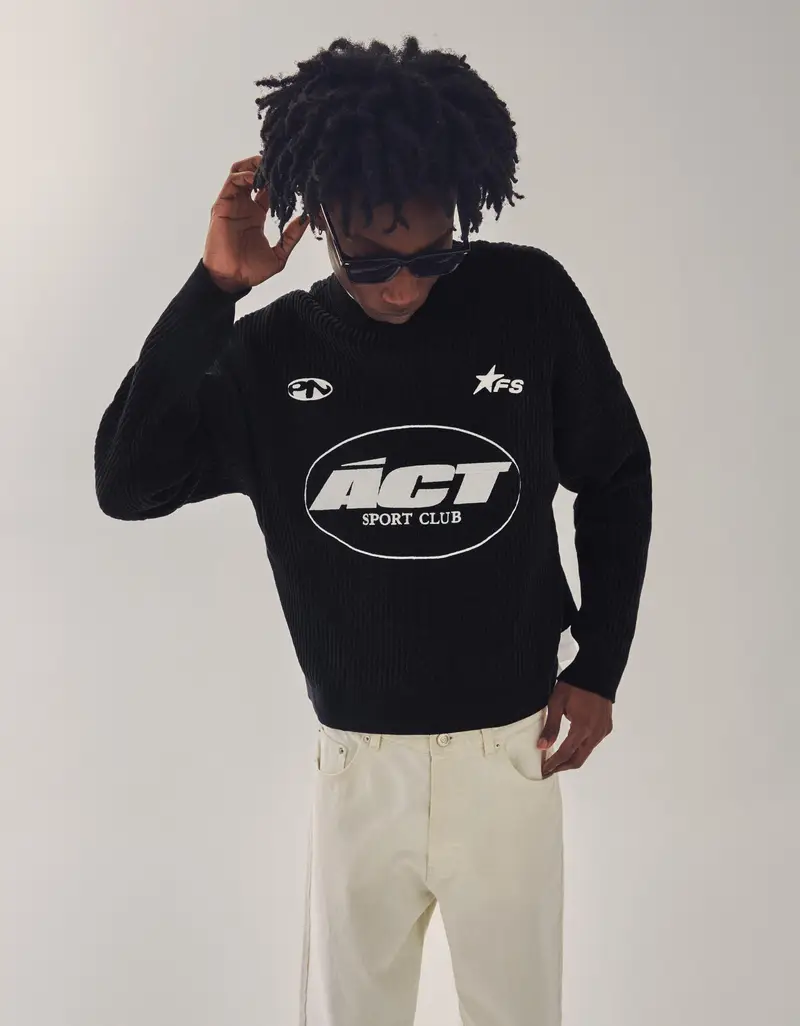 Pullover Collo Rotondo Ciniglia Stampato Uomo Nero