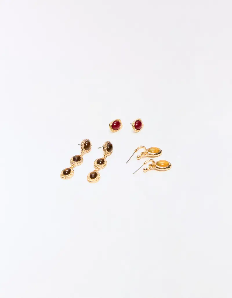 Set Di 3 Orecchini A Cascata Con Pietra Donna Marrone