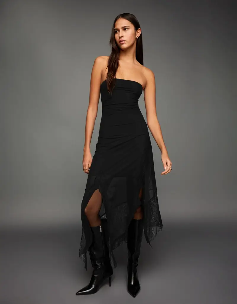 Vestito Midi Asimmetrico In Tulle A Fascia Con Pizzo Donna Nero