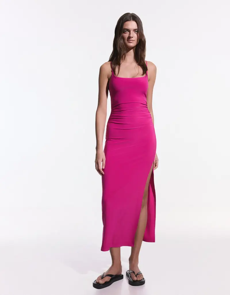 Vestito Midi Spalline Arricciato Donna Fucsia