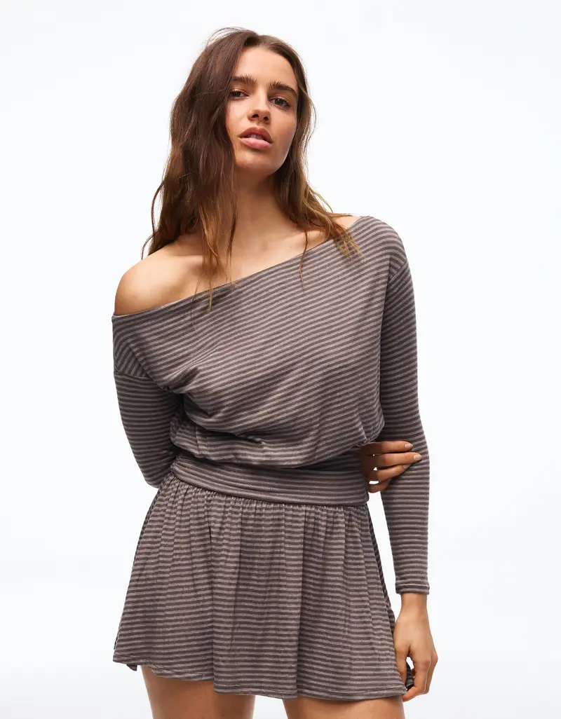 Vestito Mini A Maniche Lunghe Con Stampa E Fusciacca Donna Marrone