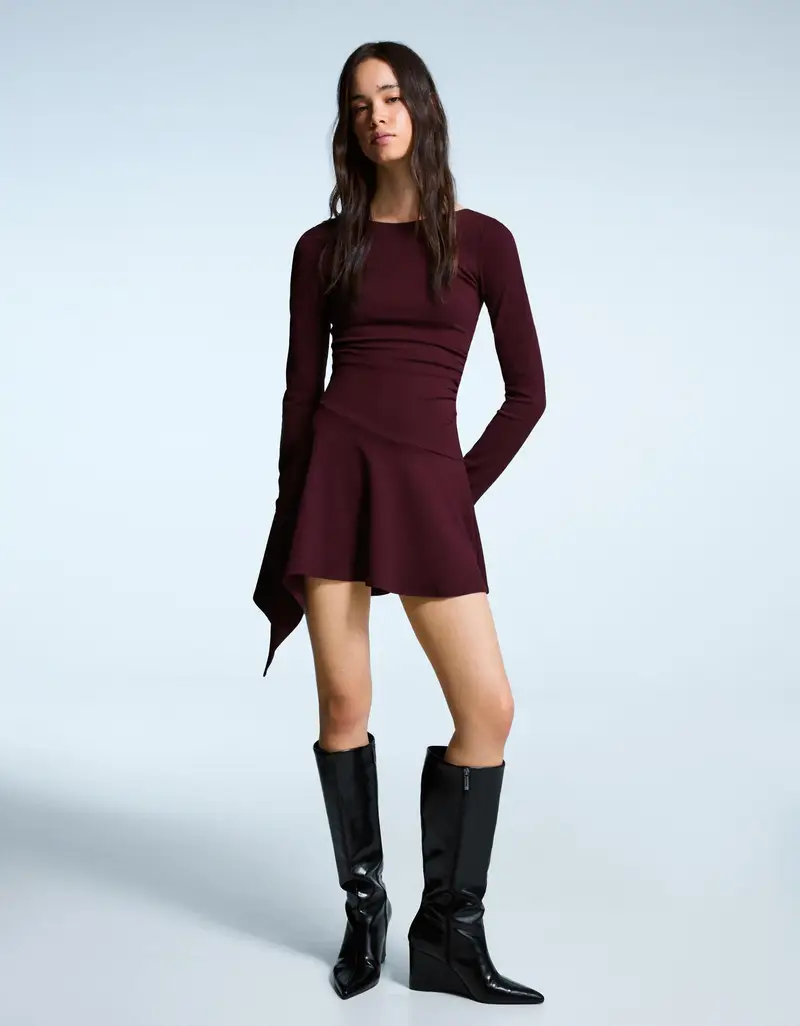 Vestito Mini Maniche Lunghe Con Balze Asimmetriche Donna Bordeaux