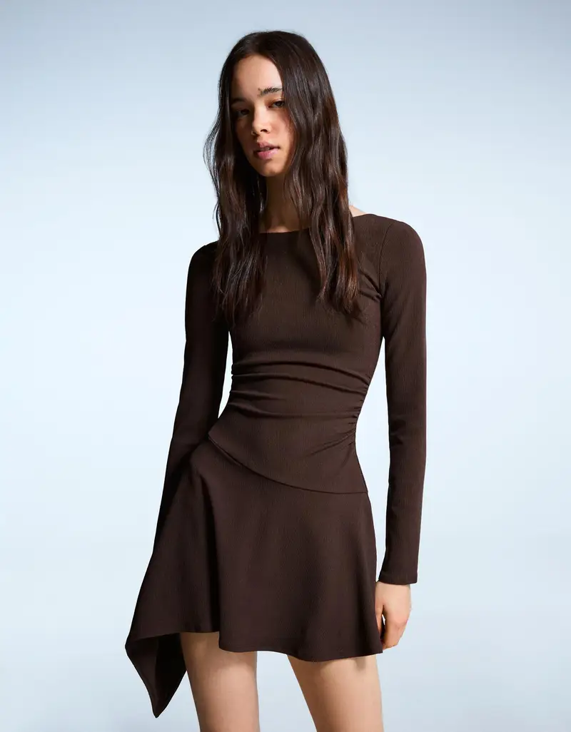 Vestito Mini Maniche Lunghe Con Balze Asimmetriche Donna Marrone