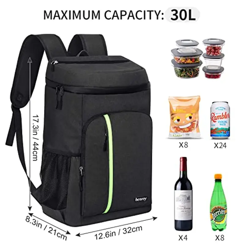 besrey - Zaino termico da 30 litri, borsa termica, porta pranzo, mantiene i cibi caldi o freddi. Per campeggio, pic-nic, barbecue, eventi (nero) miniatura 2