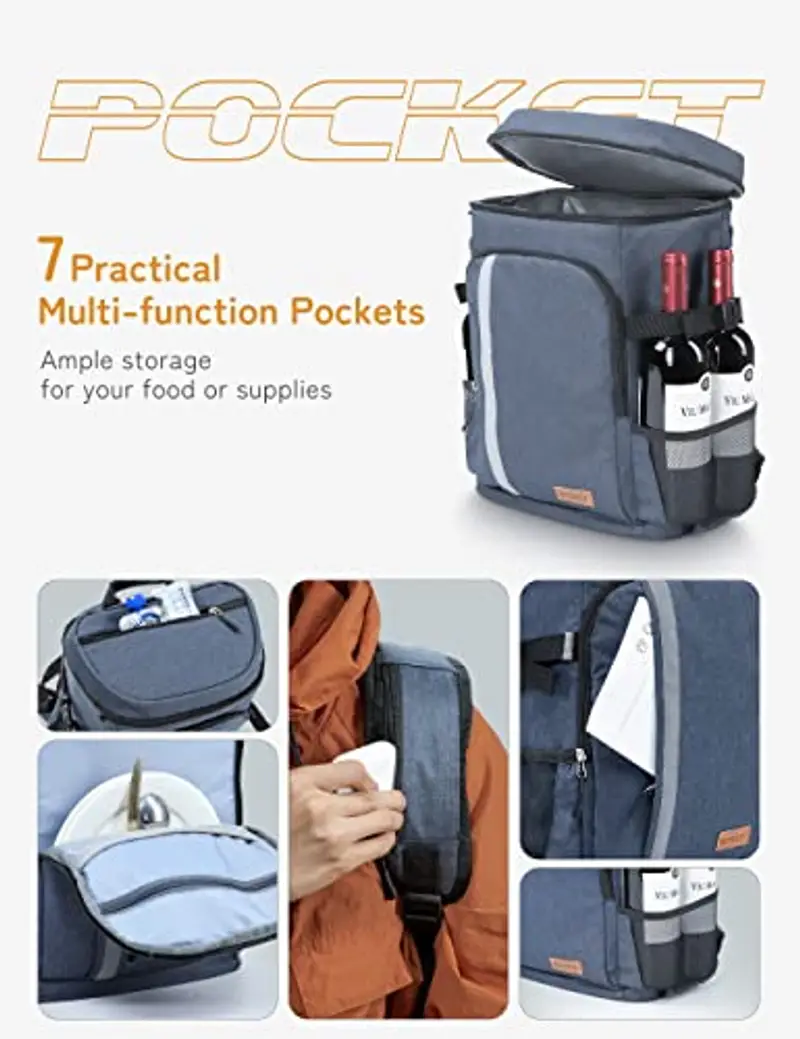 besrey Zaino termico da 30 litri, borsa termica, zaino isotermico, porta pranzo, mantiene i cibi caldi o freddi. Per campeggio, pic-nic, barbecue, eventi (blu) miniatura 3