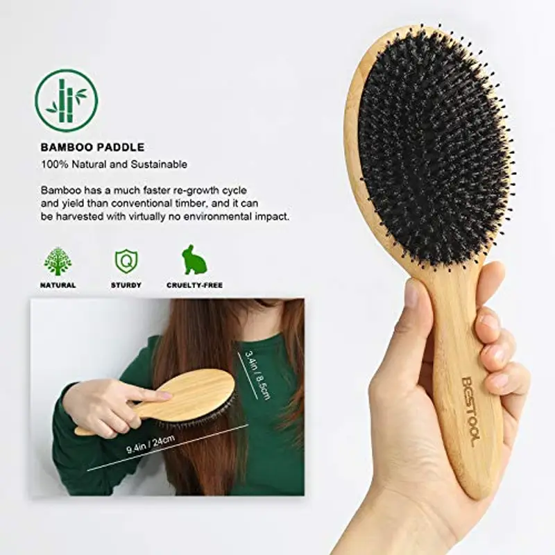 BESTOOL Spazzola per capelli in setole di cinghiale Spazzola per capelli in legno naturale Massaggio in legno anti statico Spazzola per pagaia grande per donna uomo e bambino (Ovale) miniatura 3