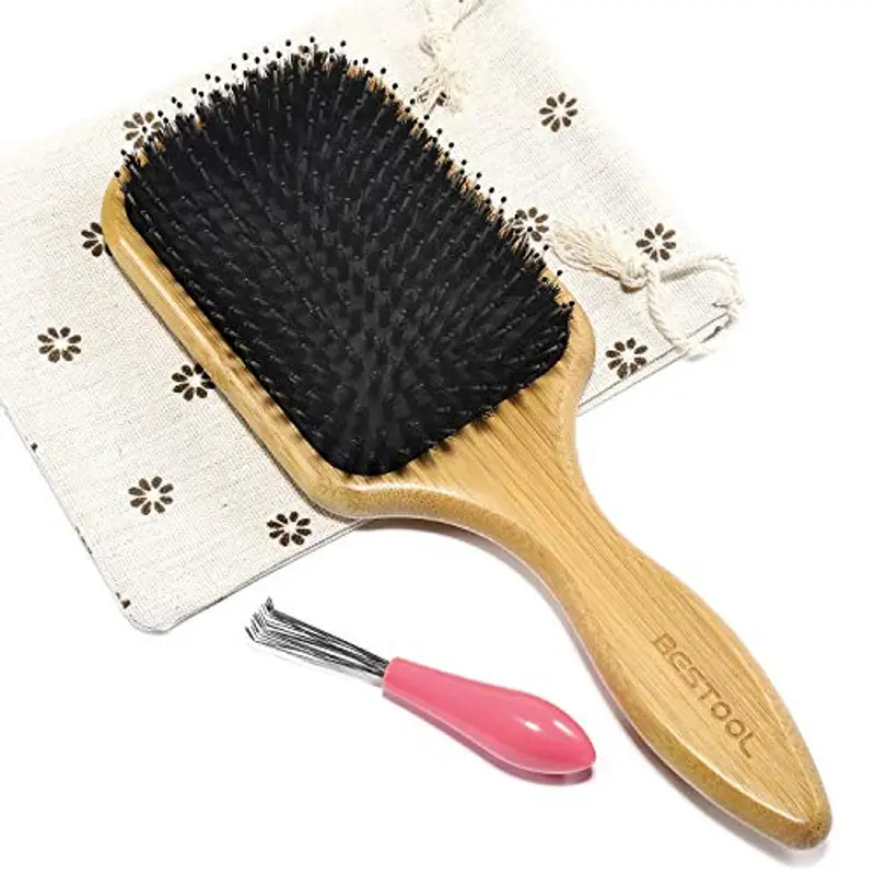 BESTOOL Spazzola per capelli in setole di cinghiale Spazzola per capelli in legno naturale Massaggio in legno anti statico Spazzola per pagaia grande per donna uomo e bambino (Quadrato)