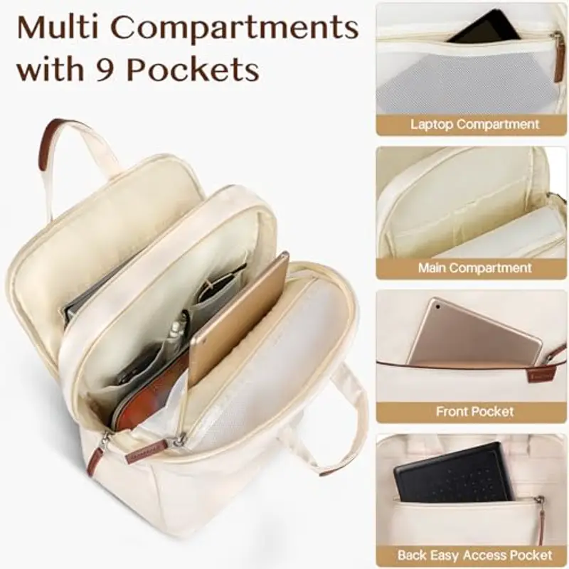 Besttravel Zaino Porta PC Donna, 15, 6 Pollici Impermeabile Computer Backpack Antifurto con Porta USB e Scomparto per Laptop per Scuola Università Viaggi Lavoro Aereo Ufficio, Beige miniatura 2