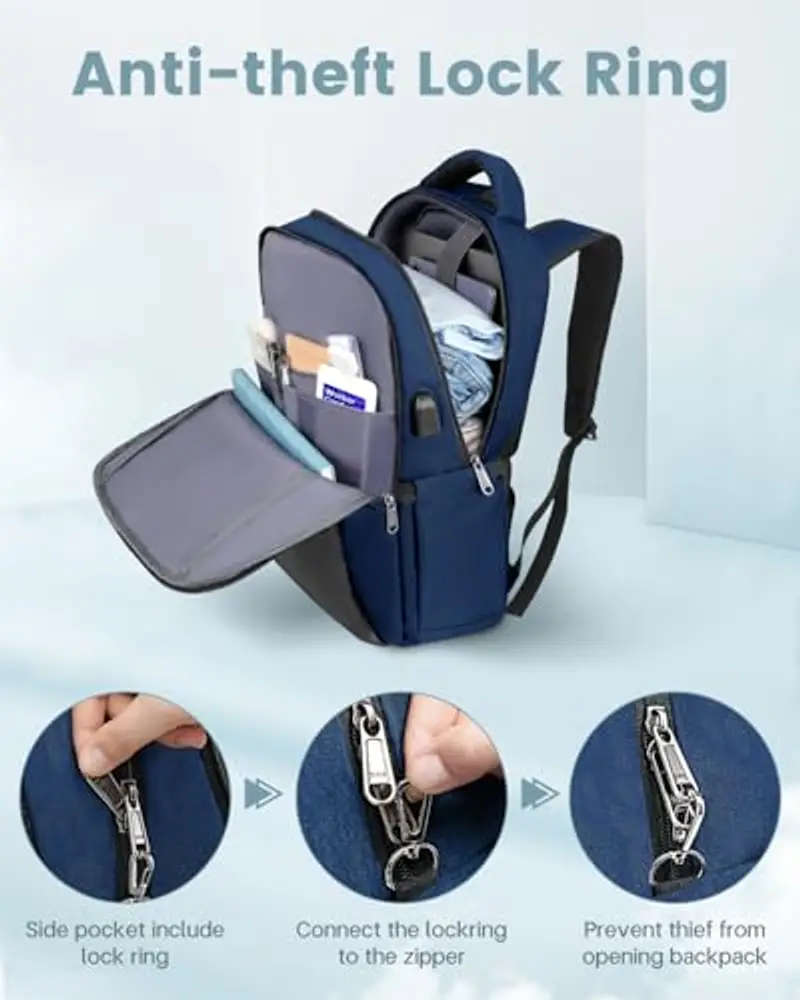 Besttravel Zaino Porta PC, Zaino PC Portatili con Anello antifurto, Zaino per Computer da 15.6 Pollici Notebook, Zaino per Laptop, Zaino Impermeabile da Uomo per Scuola, Lavoro o Viaggio-Blu miniatura 3