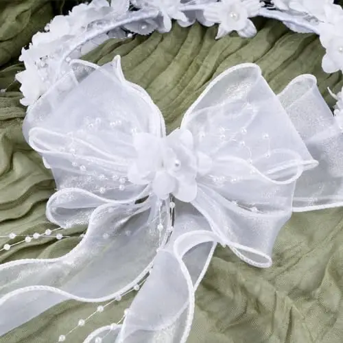 BETESSIN Fascia per Capelli Comunione Bambina Cerchietto Copricapo Fiori con Nastro Bianco per Bambina Ragazza Prima miniatura 3