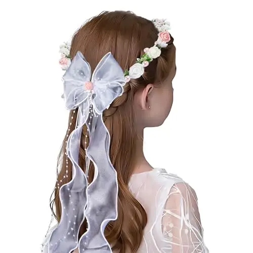 BETESSIN Fascia per Capelli Comunione Bambina Cerchietto Copricapo Fiori con Nastro per Bambina Ragazza Prima Comunione